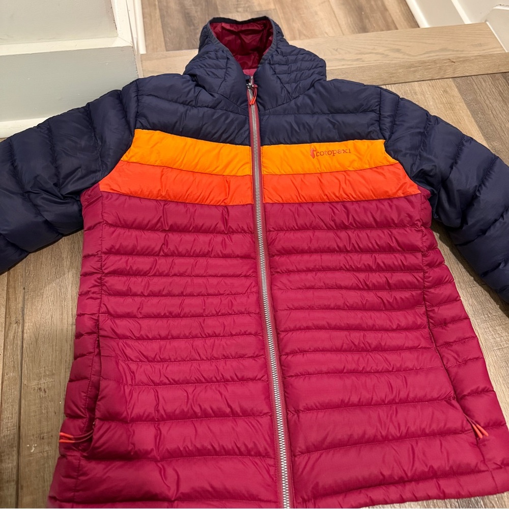 cotopaxi Women's Colorblock Puffer Jacket in Navy, Orange, Red